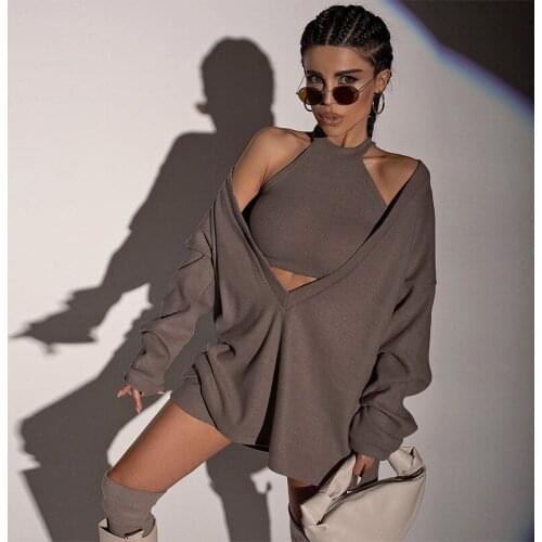 Manyiwei 2 Pieces Set Women V-Neck Long Sleeve Long Pullover With Crop Top Casual Streetwear Solid Autumn Sets Solid