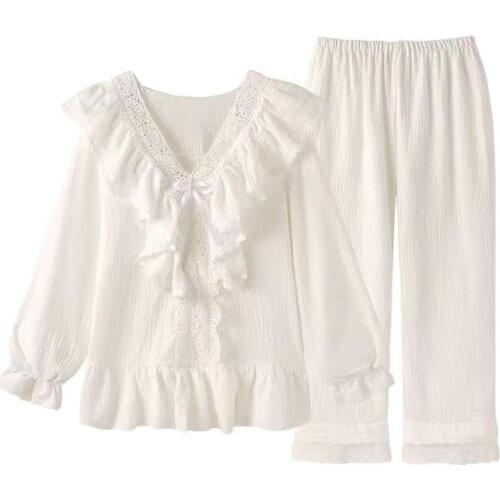 Lace Pajamas Set Women Sweet Princess 100% Cotton Pyjamas Full Sleeve Palace Autumn 2Piece/Set Home Casual Sleepwear