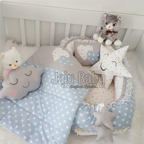 Jaju Baby Hand Made Babynest Blue Star Luxury Orthopedic Baby Nest and 5 Piece Bedding Set Baby Bed Crib Bedding Set