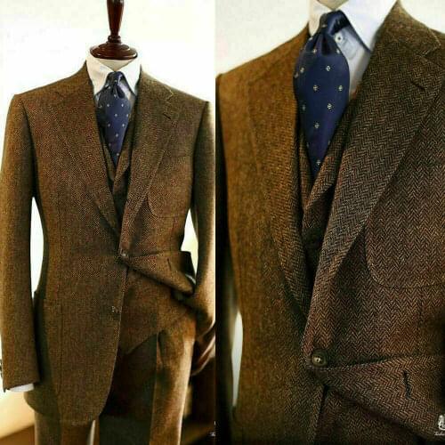 Tweed Herringbone Men Suit Set Wedding Blazer Ternos Smoking Masculino Luxo Grey Formal Tuxedo Custom Made 3 Pieces Groom Coat