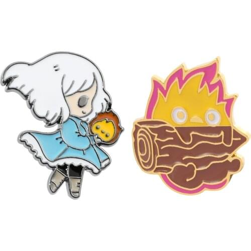 Howls Moving Castle Calcifer Cute Cartoon Enamel Brooch Arcane Magic Howls Heart Charm Metal Pin For Movie Fans Gifts Jewelry