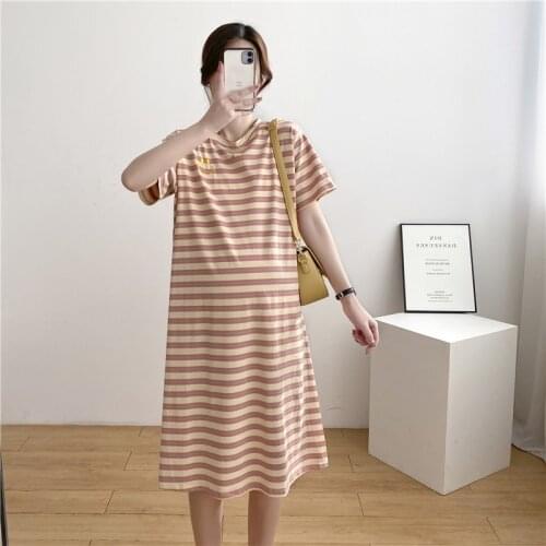 2021 Summer New Maternity Dresses Pregnancy Skirt Striped Loose Length Top Cotton Short Sleeve Dress Clothes For Pregnant Women
