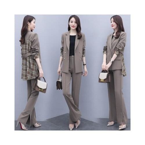 Office lady two piece set top and pants fashion pacthwork ensemble femme survetement plaid year-old female costume