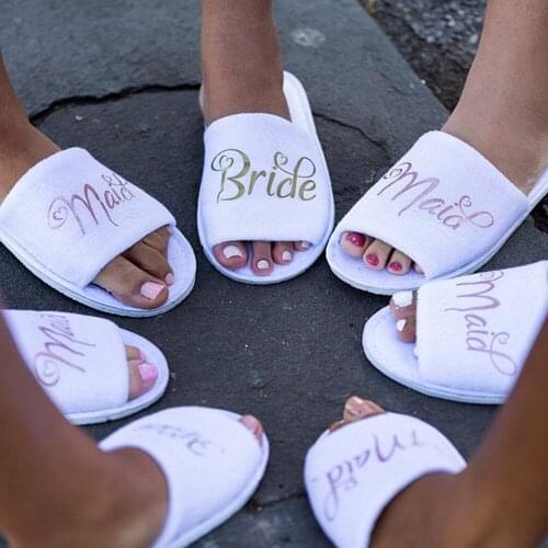 Personalized name and date Bride Bridesmaid Slippers Wedding Bridal Party Slippers Rose Gold Font Blue Available Unisex comfort