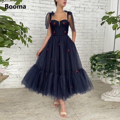 Booma Simple Cherry A-Line Midi Prom Dresses Bow Straps Pockets Tea-Length Wedding Party Dresses Pleated Tulle Formal Gowns