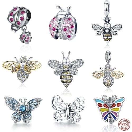 Genuine 925 Sterling Silver Ladybug Story Bee Butterfly Insect Beads CZ Dangle Charm Pendant Fit Bracelet Jewelry Making