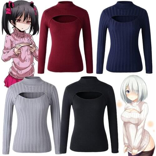 Drop Ship Cute Open Chest Sweater Keyhole Sexy Women Knitted Stripe Turtleneck Sweaters Japanese Anime Cosplay Lolita Knitwear