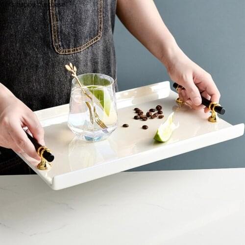 Rectangle Ceramics Storage Tray Metal Handle Tea Tray Decorative Display Plate Snack Fruit Plate Organize Disk Jewelry Dish