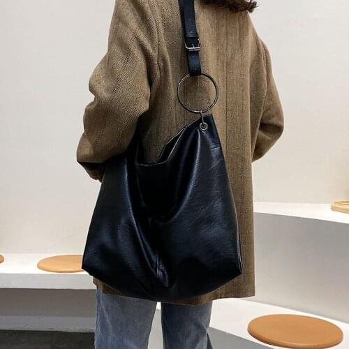 Large-capacity Brand Casual Tote Top-Handle Bags Shoulder bags Black Hobos Handbag PU Leather Female Big Shopping Tote Ladies