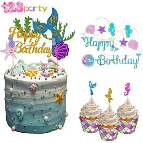 Mermaid Party birthday cake decor birthday party wedding decoration kids cake topper baby shower seahorse banner party supplies