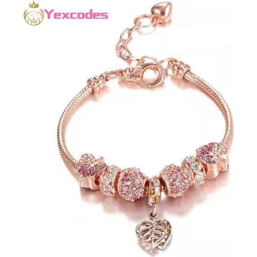 Yexcodes Love Extension Chain Fashion Rose Gold Beads Color Faceted Rhinestone Bracelets&Bangles Female Charm Party Jewelry Gift