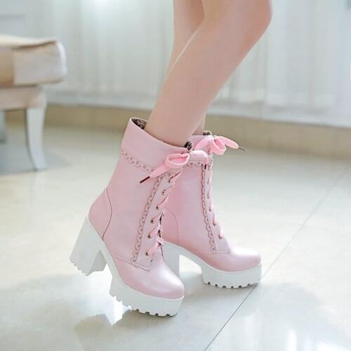 Zatsopano Lolita Pink Black Lace Up Tied High Heel Student Shoes Sweet Lady Cosplay Platform Chunky Block Mid Calf Short Boots