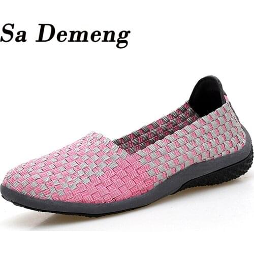 Sa Demeng Spring Women Flats Slip On Loafers Shoes Women Footwear Woven Casual Breathable Mesh Outdoors Ballet Flats Shoes 566