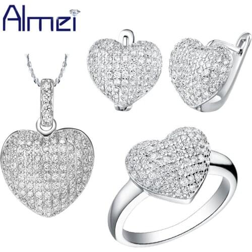 Almei 49%Off Love Heart White Rhinestones Wedding Jewelry Sets Women Bridals Fashion Micro Pave Necklace Earrings Ring Set T004