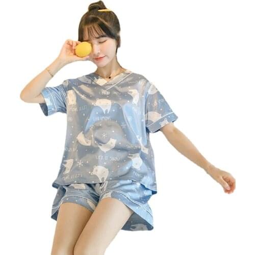 Ice Silk Pajamas Womens Short-sleeved V-neck Thin Section Silk Cartoon Home Service Womens Outer Wear Suit Sexy Nightwear