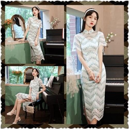 Elegant Chinese Style Cheongsam 2021 New Lace Splicing Split Fork Thin Slim Sexy Ladies Dresses Gentle Girls Modern Style Qipao