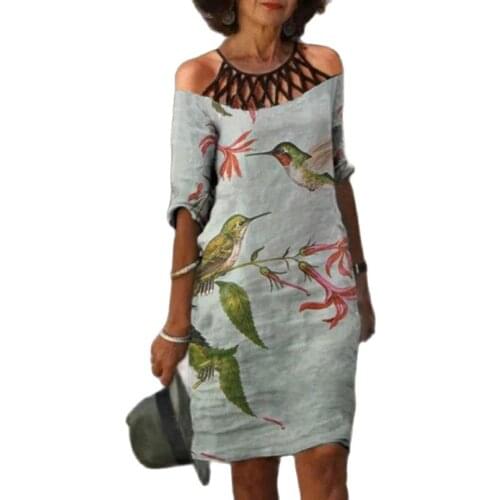 Women Loose Floral Print Knee Length Dress Summer O-neck Sexy Off Shoulder Hollow Out Half Sleeve Vintage Casual Vestidos 3XL