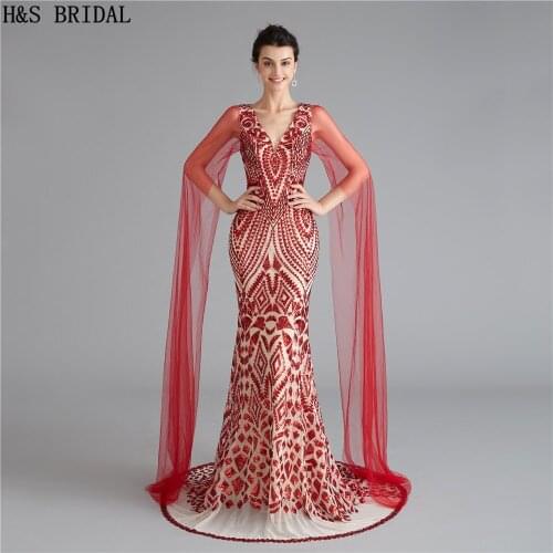 H&S BRIDAL V Neck Red Mermaid Evening Dress Sequins Evening Gown Backless formal dress 2020 Ribbon Prom Dresses robe de soiree
