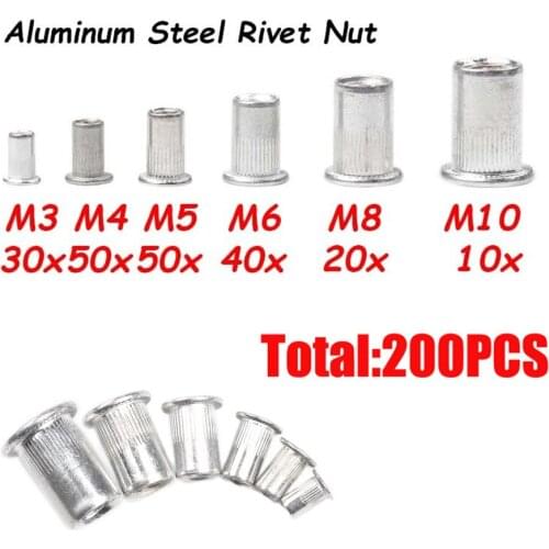 200Pcs Aluminum Rivet Nuts M3 M4 M5 M6 M8 M10 Flat Head Threaded Rivet Insert Nutsert Cap Rivet Nut Set