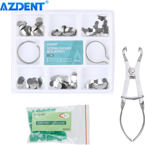 100pcs Dental Sectional Contoured Matrices No.1.398 Matrix Band Forming Clip / 40pcs Silicone Add-On Wedges / 1pc Dental Pliers