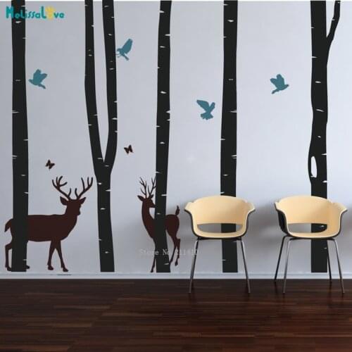 Birch Tree Forest With Deer Stag Birds And Butterflies Wall Stickers Home Decoration Self-adhesive New Design Decals YT5001