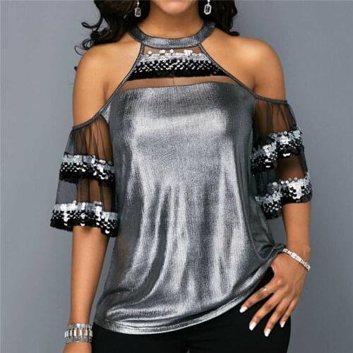 Fashion Women Tops New Lady Mesh Sequins Hollow Out Patchwork Shirts Off Shoulder Short Sleeve Summer Clothes Vogue Shirt