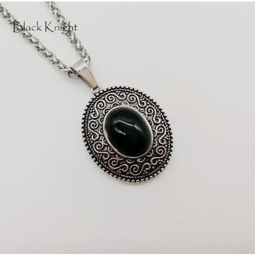 Black Knight Vintage silver color stainless steel Oval pendant necklace womens retro black stone oval necklace stylish BLKN0693