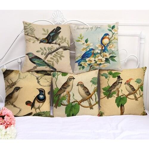 Decorative Pillow Cushion Case Vintage Bird Leaf Painting Pillowcase 17.5 Inch Cotton Linen Chair Seat Throw Pillow Cover A1155