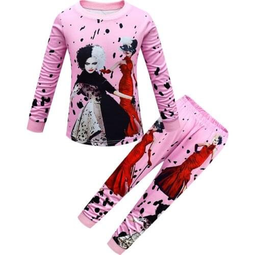 Kids Clothes Girls Cruella De Vil Costume Long Sleeve Pajamas Casual Sleepwear Suit Cartoon Pyjamas Tops+Pants 2pcs Outfits