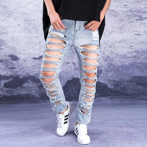 Hole jeans mens summer trend nine points pants tide brand big hole exaggerated super hole denim pants high street