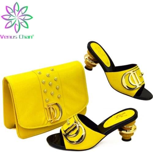 Elegant Style Nigerian Women Shoes Matching Bag in YellowColor African Lady Shoes and Bag Set with Platform for Wedding Party
