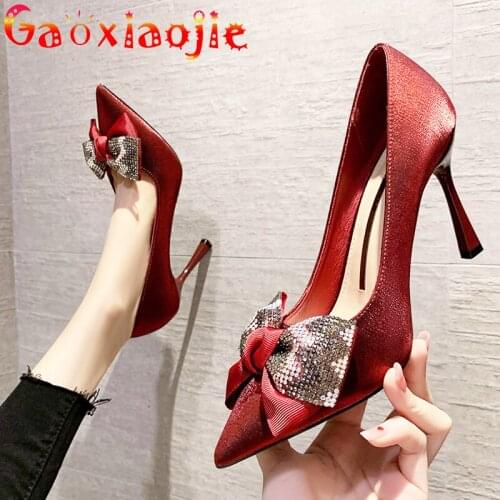 Gaoxiaojie New Classics Women Pointed High Heels Shoes Sweet Rhinestone Bowknot Party Wedding Shoes Bridal Princess Stiletto
