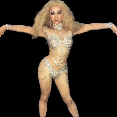 Glisten Crystals Rompers Womens Rhinestones Jumpsuit Nightclub Bar Party Outfit Female Singer Stage Performance Dance Costume