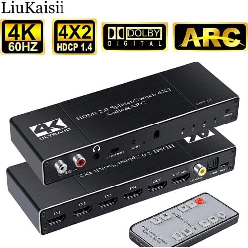 4K Switch 4K 60Hz 4x2 HDMI-compatible Splitter/Switcher Audio Extractor with ARC IR Remote Control for TV Xbox HDTV PS4
