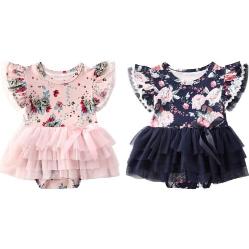 2020 Summer Newborn Baby Girls Clothing Toddler Short Sleeve O-neck Floral Print Jumpsuits Lace Tutu Mesh Skirt Bodysuits 0-18M