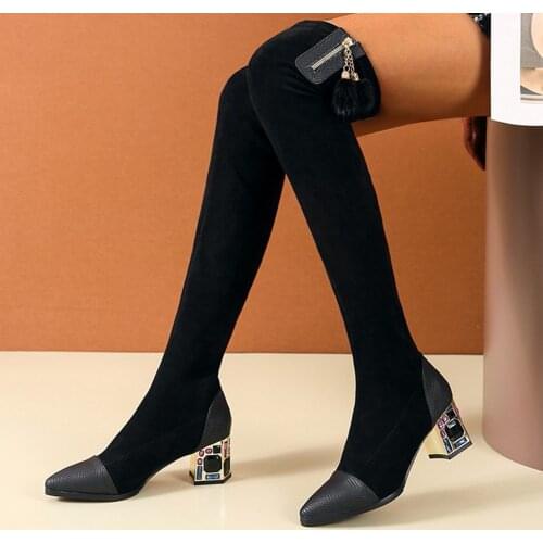 Fashion Womens Sexy Boots Over The Knee Boots Winter Shoes Breathable Chunky High Heels Retro Zipper Thigh Boots Женские сапоги