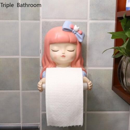 Cartoon Cute Girl Tissue Holder PVC Punch-free Wall Mounted Toilet Paper Towel Holder Towel Rail Holder Bathroom Accessories
