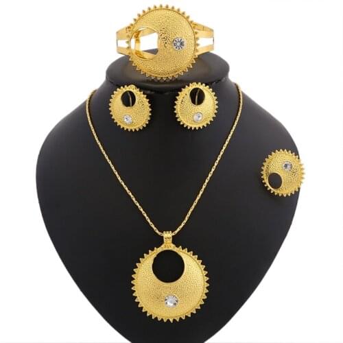Yulaili Vintage Ethiopia Jewelry Sets Rounds Pendant Necklace Stud Earrings Open Bangle Ring Women Jewelery Set Wholesale