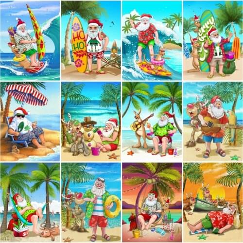 AZQSD Coloring Picture By Numbers Santa Claus Seaside Coconut Tree Painting By Number Cartoon Christmas Unique Gift For Children