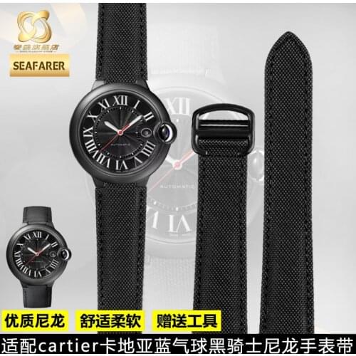 Watch Strap for Cartier Blue Balloon Nylon Canvas Black Knight Strap Convex Interface Mens Accessories 20.12