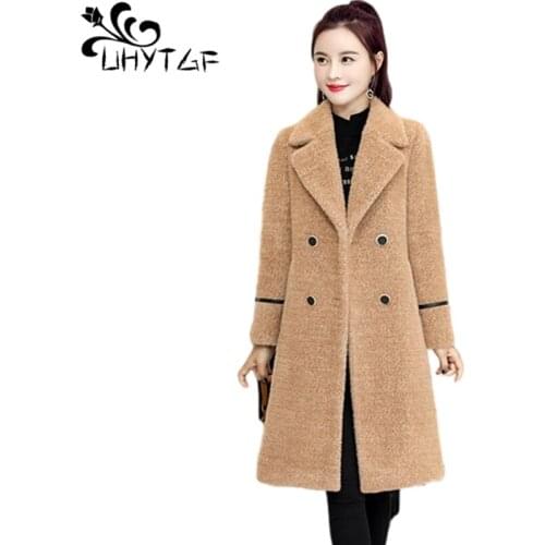 UHYTGF Winter Coat Women Quality Gold Mink Fleece Autumn Wool Jacket Fashion Double-Breasted Casual Warm Plus Size Outerwear1137