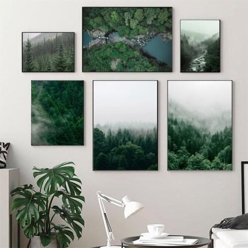 Green Mountain Tree Forest Fog Modern Wall Art Canvas Painting For Living Room Decor Nordic Posters And Prints Wall Pictures