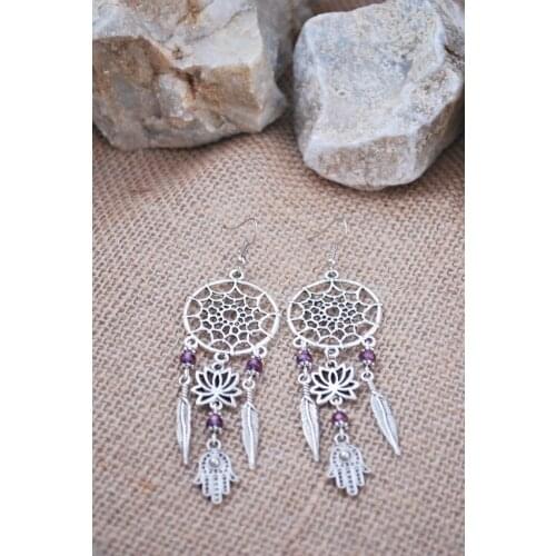 Hamsa hand earrings Dream Catcher earrings boho summer lotus earrings hippie feather flower earrings