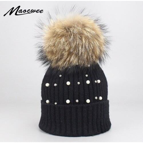 Dot pearl Womens Skullies Beanies With Fur Ball Knitted Hat For Women Winter Beanie Cap Warm Bones Cover Head Accessories