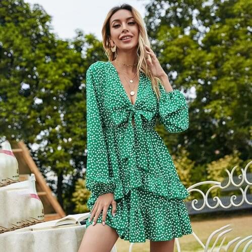 Boho Green Polka Dots Print Ruffle Bowknot Dress Spring Summer Women Elegant Party Holiday A Line Dress Ladies Sexy Mini Dresses