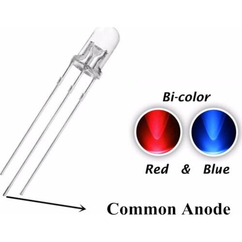100pcs F5 5mm Bicolor LED Red + Blue Common Anode Water Clear Dual Colors LEDs Round Head Lamp Light Beads red+blue R+B