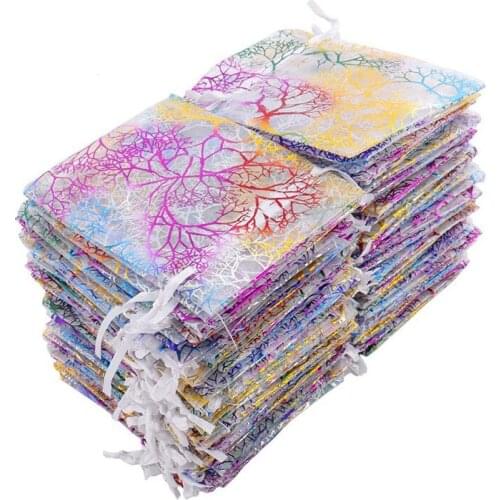 100pcs Multi Size 7x9 9x12 10x15 13x18 15x20 17x23 20x30 Jewelry Pouches Bags Organza Wedding Party Gift White Coral Printed Bag