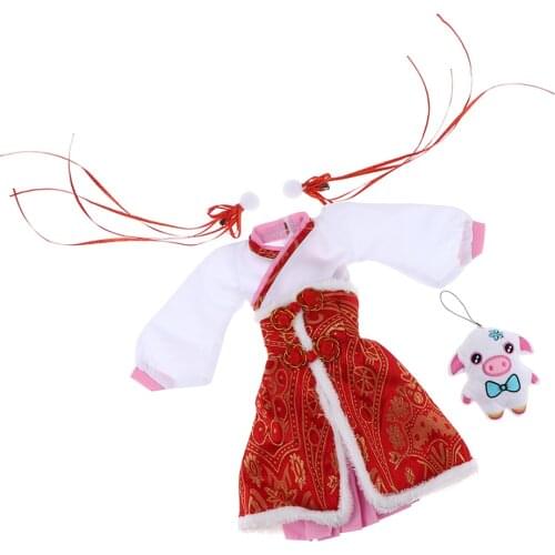 2pcs Chinese Style Dress Skirt Red Plush Apron with Puppet for 1/3 BJD Doll Gift