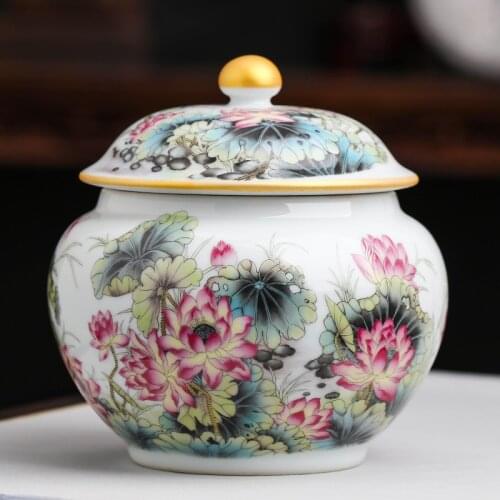 500g Tea Can Jingdezhen Tea Jar Storage Jar Moisture Proof Lotus Household Antique Ceramic Pu'er Tea Box