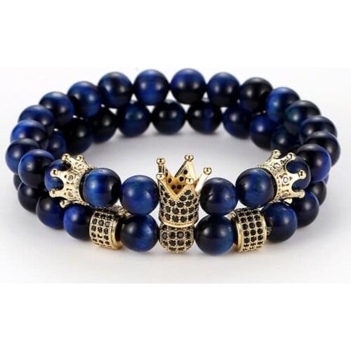 8mm 2PCS/Set ur3 elastic adjusted nature blue Tigereye bead micro pave cz zircon cubic zirconia Crown Bracelet